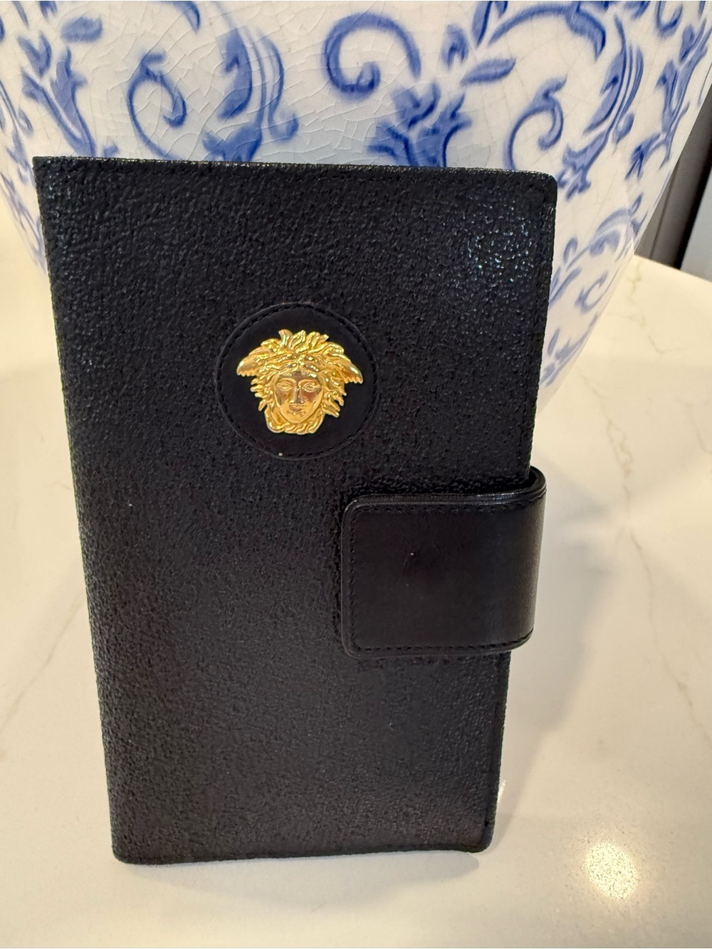 Gianni Versace Vintage Black Leather wallet with Gold Medusa Emblem